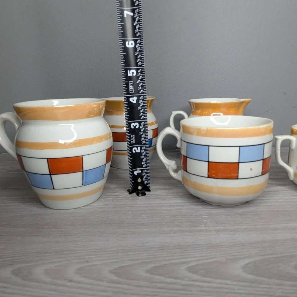 Vintage Czechoslovakia Geometric Ceramic Lusterware Cups & Small Pitcher 5 Piece